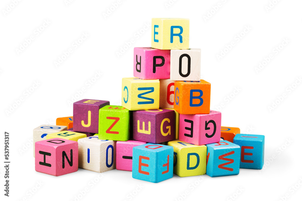 Colorful toy blocks with letters on white background Colorful toy blocks with letters on white background
