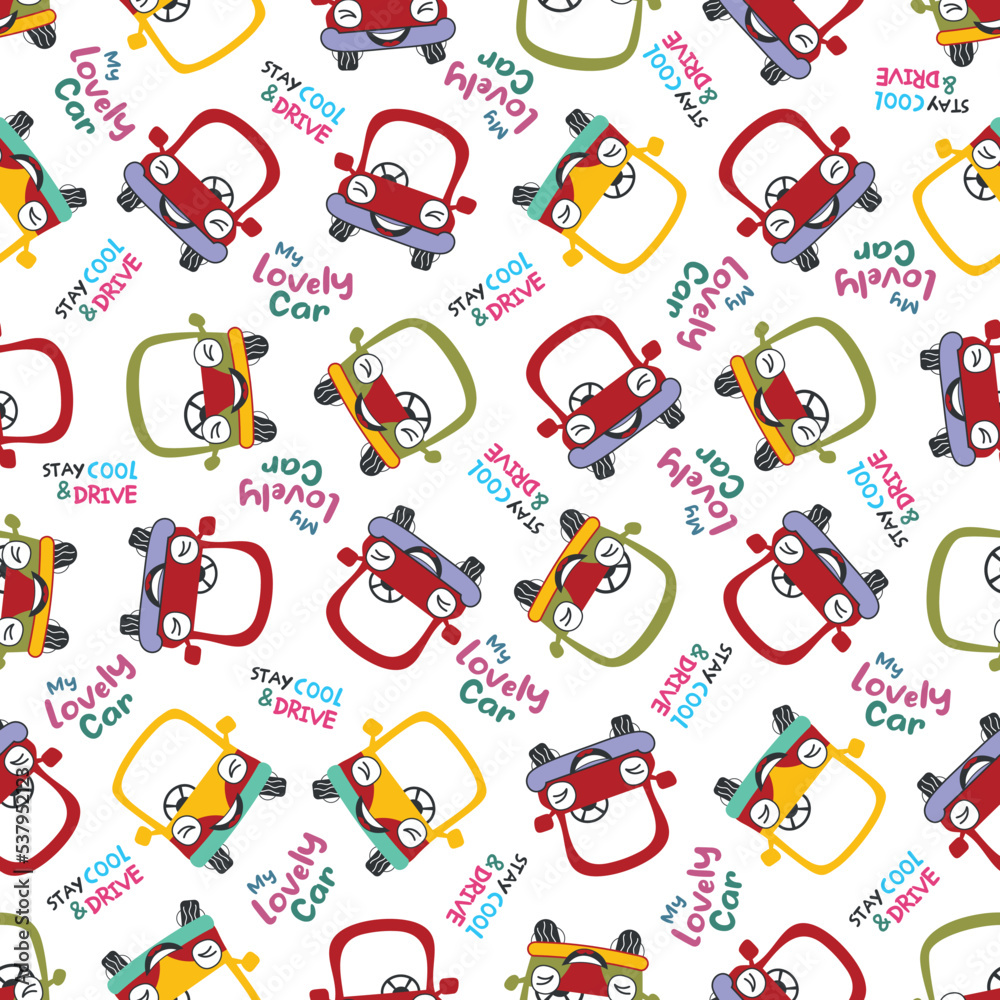 Vector kid seamless pattern with yellow and blue happy taxi car character on light background. Flat style design of car seamless pattern for web, site, banner, print
