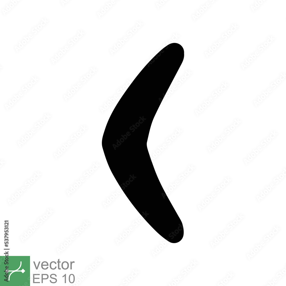 Boomerang icon. Simple solid style. Karma silhouette logo symbol, wood, black, handle, old weapon, sport concept. Glyph vector illustration isolated on white background. EPS 10. Boomerang icon. Simple solid style. Karma silhouette logo symbol, wood, black, handle, old weapon, sport concept. Glyph vector illustration isolated on white background. EPS 10.