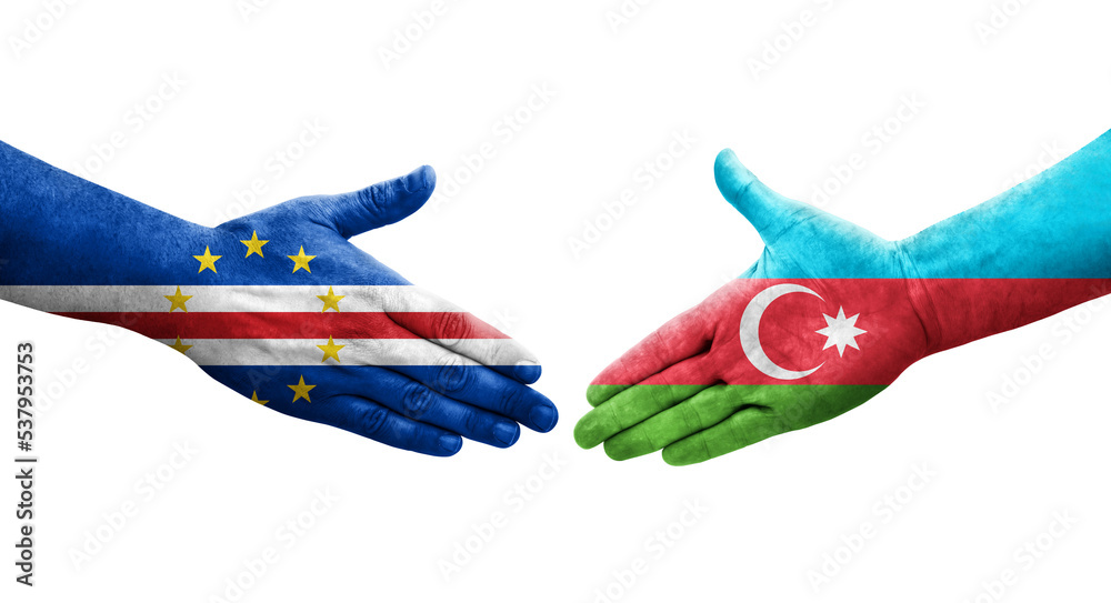 Handshake between Azerbaijan and Cape Verde flags painted on hands, isolated transparent image.