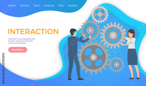 Interactive, team building is very important in business world, drive to success of company. Man and woman cooperating together, moving cogwheels gear vector flat style
