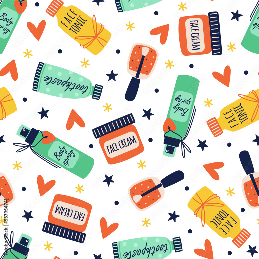 Organic cosmetics seamless vector pattern. Body spray, face tonic, cream, nail polish, toothpaste. Bottles with beauty product for skin care, moisturizing. Bright flat background for print, web Organic cosmetics seamless vector pattern. Body spray, face tonic, cream, nail polish, toothpaste. Bottles with beauty product for skin care, moisturizing. Bright flat background for print, web