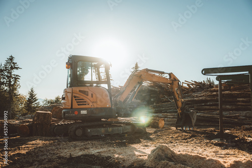 excavator at log site photo