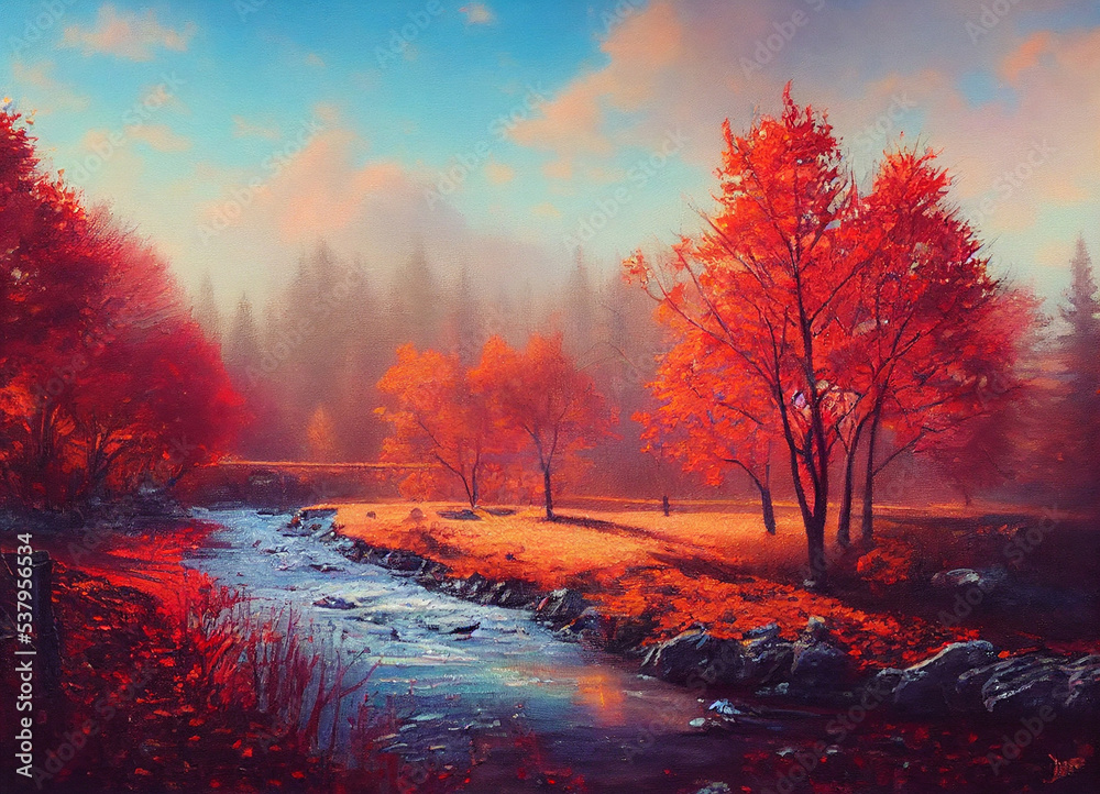 Naklejka premium autumn landscape with lake and trees postcard style