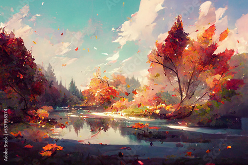 autumn in the forest with beautiful lake, painting