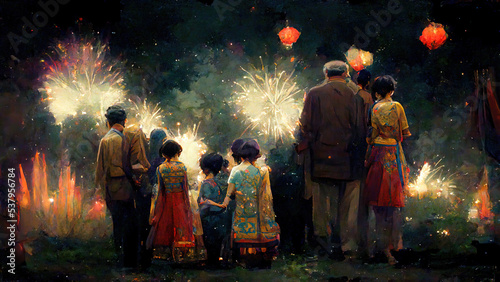 Asian family watching fireworks and celebrating. Happy new year. Paint.