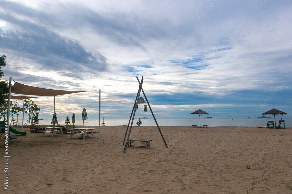 Beautiful beach and sea view in the morning with light blue sky and white cloud at the Rayong province Thailand Beautiful beach and sea view in the morning with light blue sky and white cloud at the Rayong province Thailand
