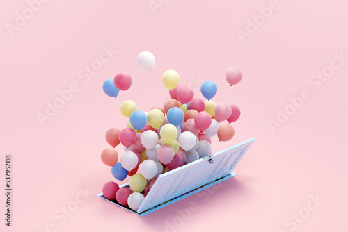 3D render of colorful balloons floating through blue door  photo