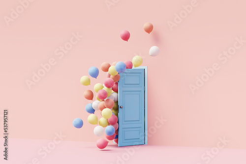 3D render of colorful balloons floating through blue door 
