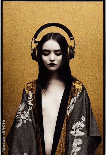 A fictional person, not based on a real person. A young beautiful geisha in a kimono and headphones. Portrait of a beautiful geisha in a black and gold kimono. 3D rendering.