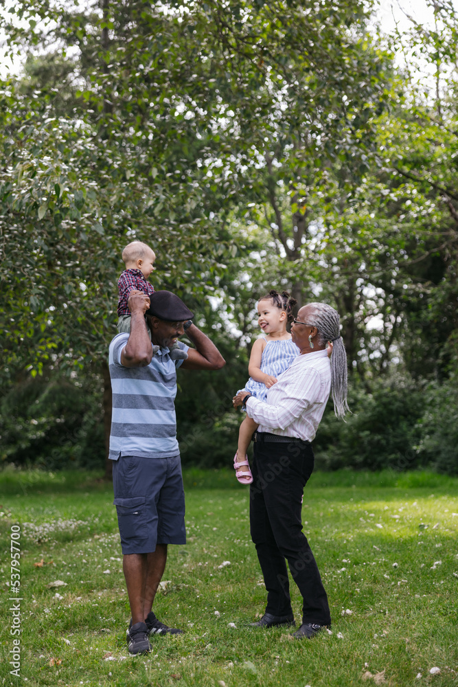 Grandparents playing with grandkids at the park in nature. Grandparents playing with grandkids at the park in nature.