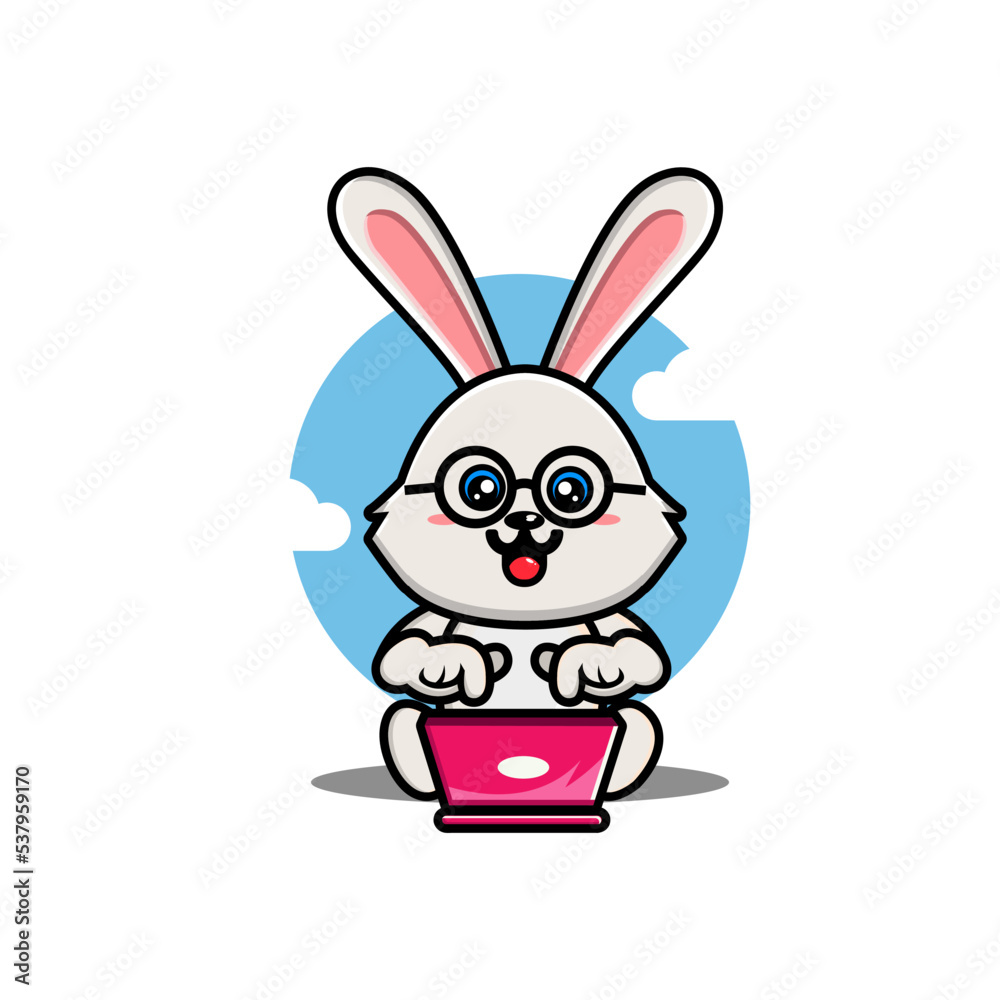 Cute rabbit operating laptop cartoon vector illustration