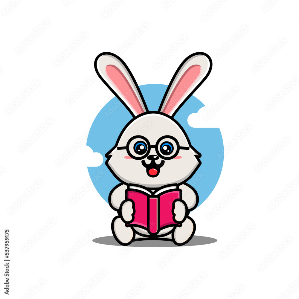 Cute rabbit reading book cartoon vector illustration