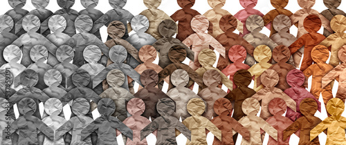 Diversification of society and demographic change or changing demography as a large group of grey people changing into a diverse group representing diversity in a population photo