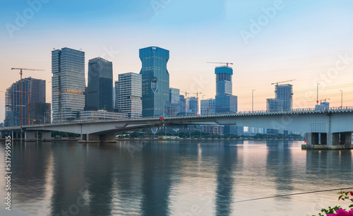 Modern urban architecture skyline, bridge and river scenery in Guangzhou, China