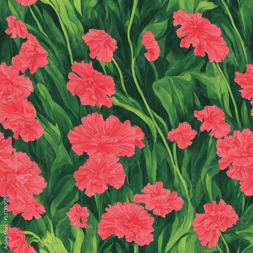 Painting of Carnation Flowers with green leaves - Seamless Pattern