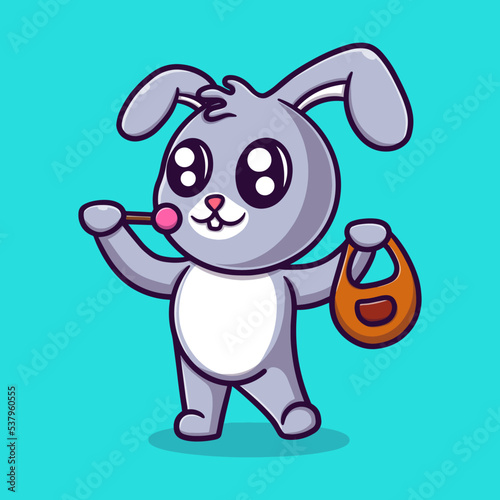 cute bunny holding a plastic bag and candy cartoon vector icon illustration