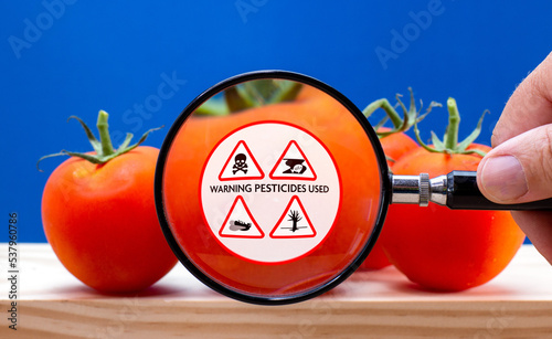 Magnified label on tomato, warning of environmental damage caused by pesticide and herbicide use in industrial agricultural food production, damage to environment, loss of diversity concept.
