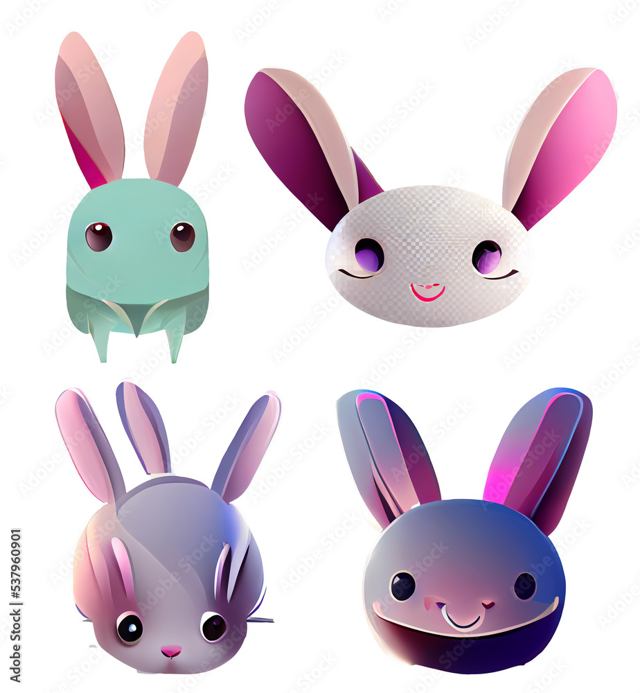 Fototapeta premium set of cartoon rabbits icons element easter halloween newyear bunny digital 3D illustration white background