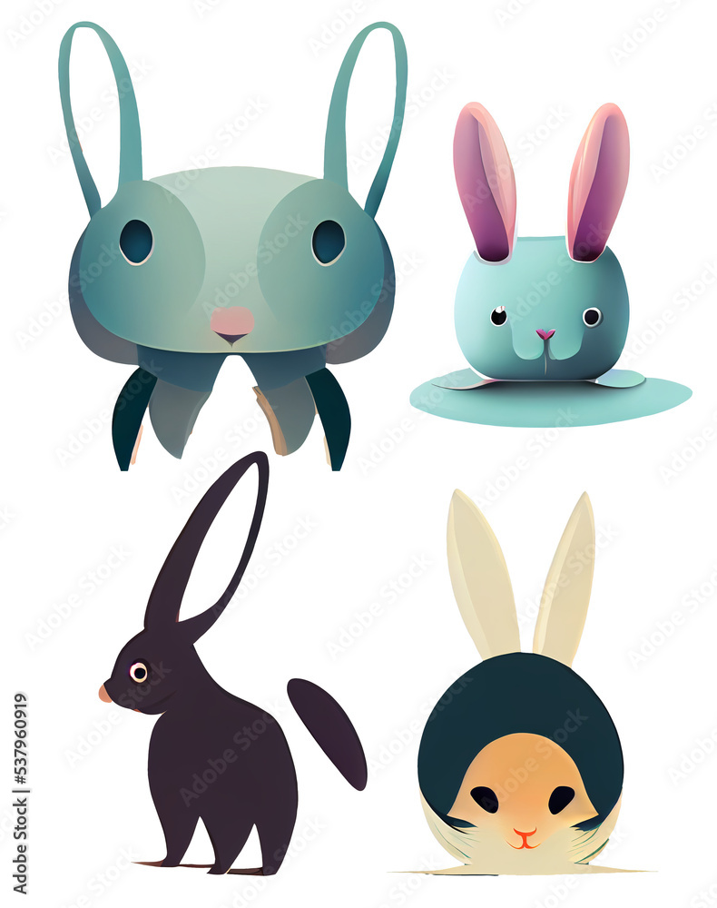Fototapeta premium set of cartoon rabbits icons element easter halloween newyear bunny digital 3D illustration white background