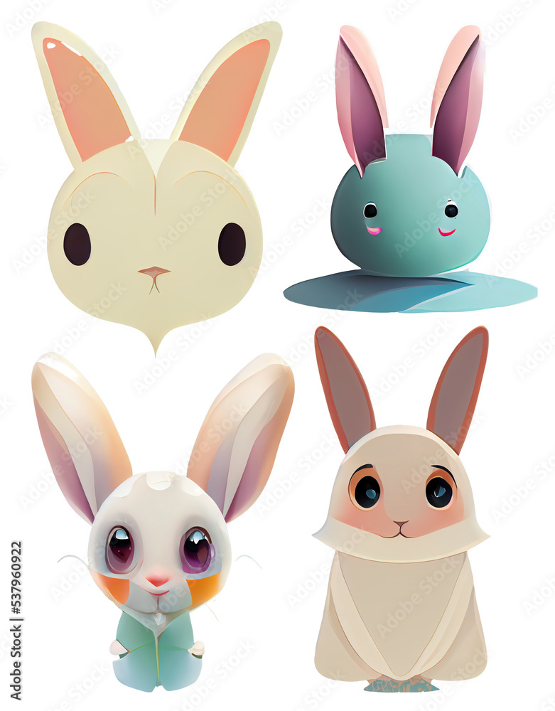 Fototapeta premium set of cartoon rabbits icons element easter halloween newyear bunny digital 3D illustration white background