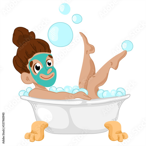 The girl takes a bath. Cute vector illustration on white background isolate. A young woman is taking a bubble bath. Girl makes a face mask