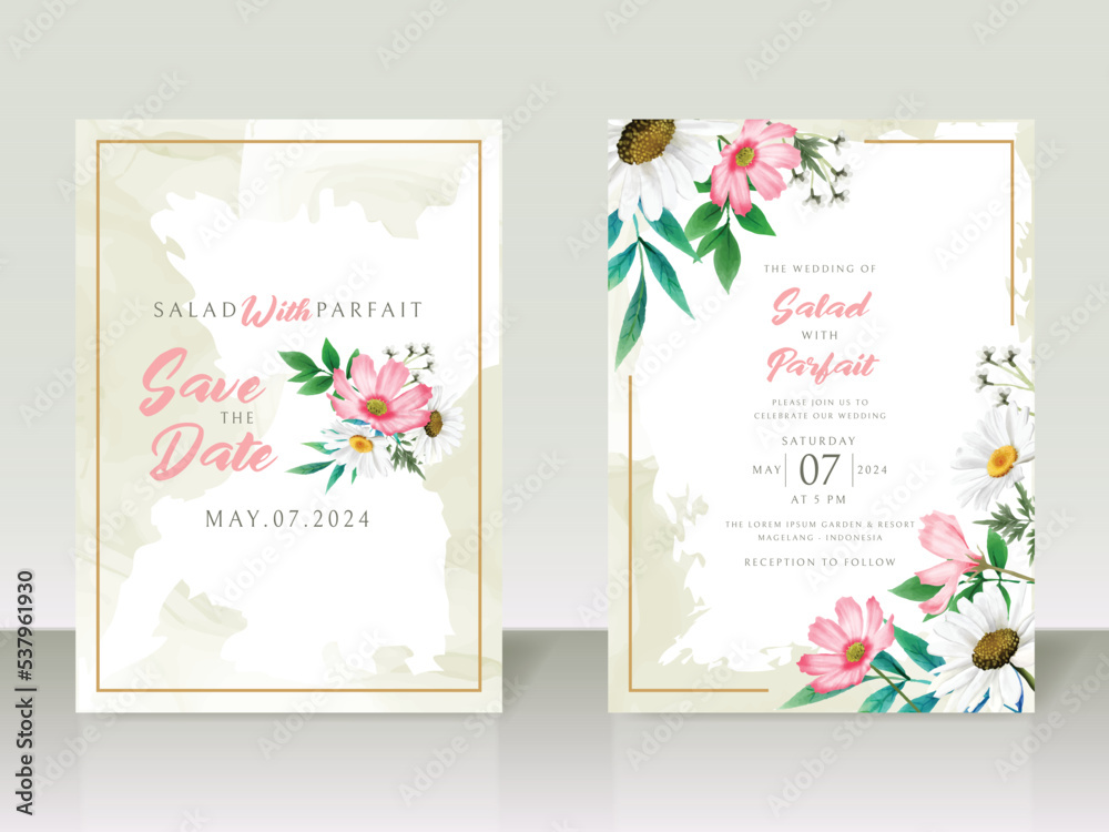 Obraz premium Elegant white and pink flowers wedding invitation card