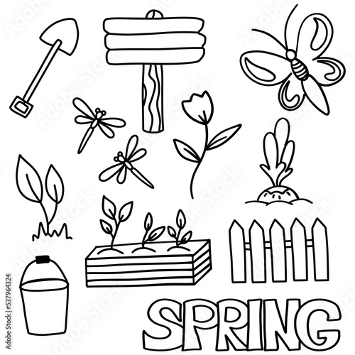 a set of spring elements in the doodle style on a white background.