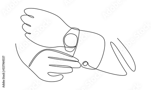 continue line of wristwatch on the hand of businessman in suit. Time on wrist watch
