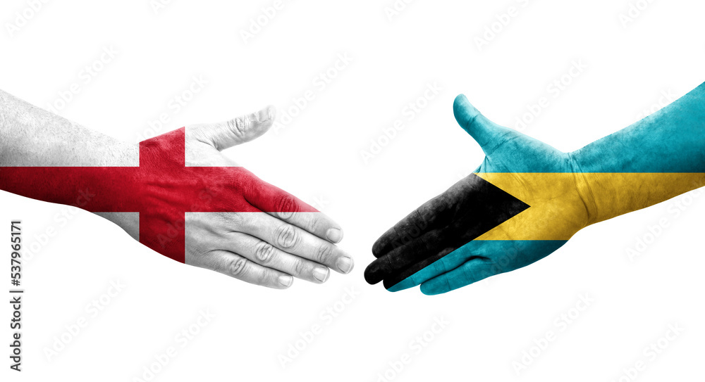 Handshake between Bahamas and England flags painted on hands, isolated transparent image. Handshake between Bahamas and England flags painted on hands, isolated transparent image.