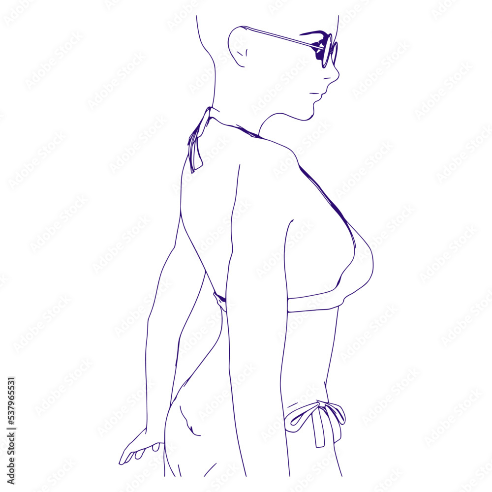 Illustration of a beautiful fashion model posing in a stylish swimsuit. Young attractive woman in bikini. Side view