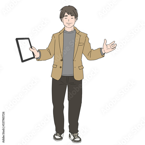 笑顔でタブレットPCを持つ男性