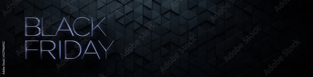 Luxury Banner with Thin, Silver 3D Text on Triangle tiles. Black Friday Background with copy-space. Luxury Banner with Thin, Silver 3D Text on Triangle tiles. Black Friday Background with copy-space.