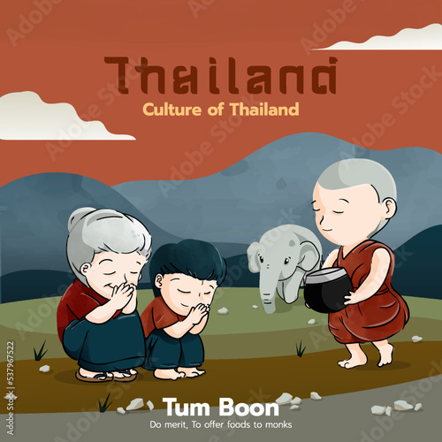 Tum boon make merit culture of thailand cute cartoon couple of kids and monk with elephant character vector illustration