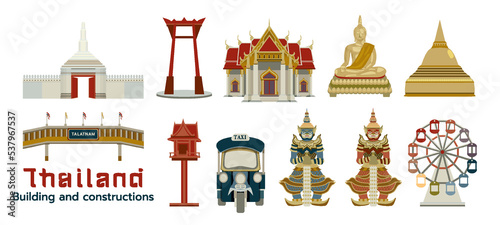 Set of thailnd building and constructions element flat vector illustration with earth tone color.