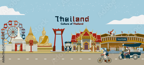 Set of thailnd building and constructions travel by bicycle tuktuk element flat vector illustration.