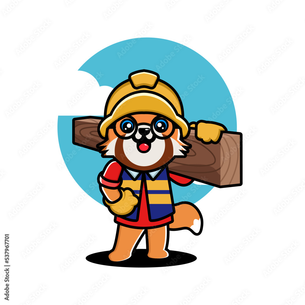 Cute red panda construction worker cartoon