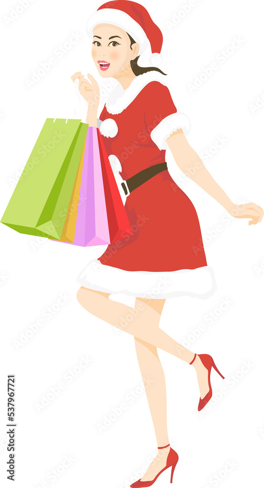A beautiful woman in Santa Claus costume holding shopping bags and many gift boxes of the Merry Christmas and Happy New Year