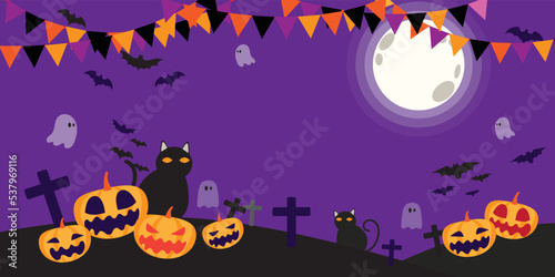 Happy Halloween banner or party invitation background with night clouds and pumpkins in flat style.Flag Halloween color. Vector illustration. Full moon in the sky and flying bats.