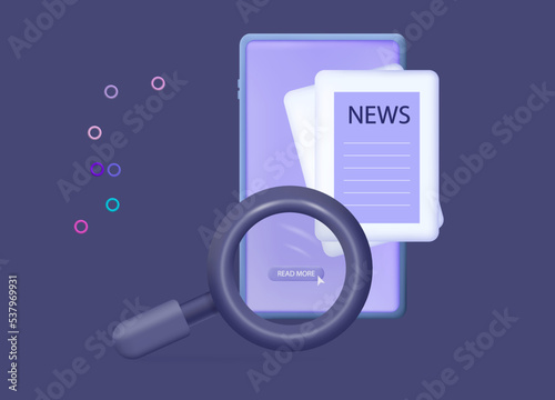 Search for the latest news online, view on phone with a magnifying glass. Paper, electronic page, informational newspaper. New document in social networks, media. Read, search review, article. Vector