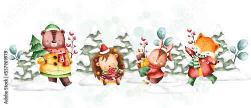 Watercolor illustration winter in woodland 