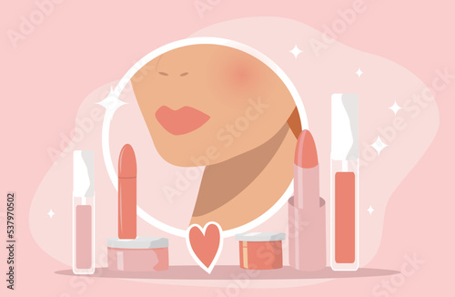 vector illustration in a flat style on the theme of cosmetics - lipstick, lip gloss, balm