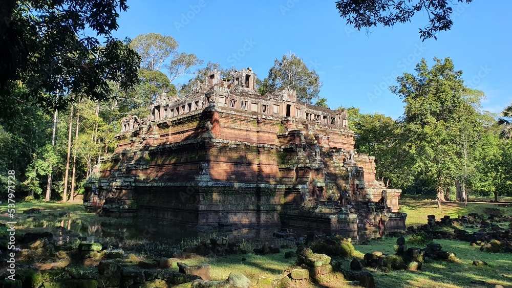 Phimeanakas or Vimeanakas is a Hindu temple in the Khleang style, built at the end of the 10th century. Phimeanakas is located inside the walled enclosure of the Royal Palace of Angkor Thom. Phimeanakas or Vimeanakas is a Hindu temple in the Khleang style, built at the end of the 10th century. Phimeanakas is located inside the walled enclosure of the Royal Palace of Angkor Thom.