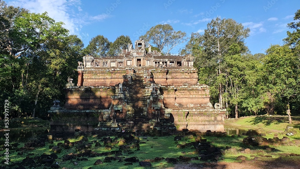 Phimeanakas or Vimeanakas is a Hindu temple in the Khleang style, built at the end of the 10th century. Phimeanakas is located inside the walled enclosure of the Royal Palace of Angkor Thom. Phimeanakas or Vimeanakas is a Hindu temple in the Khleang style, built at the end of the 10th century. Phimeanakas is located inside the walled enclosure of the Royal Palace of Angkor Thom.