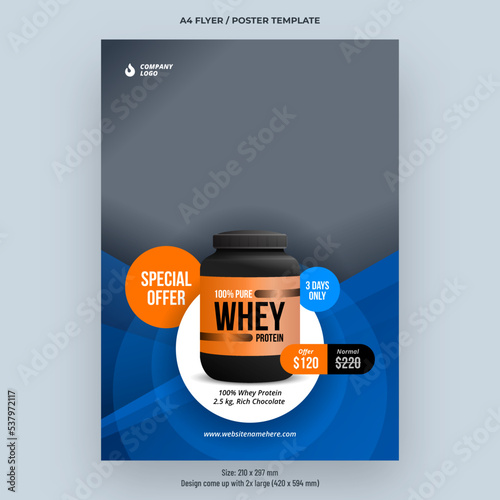 Flyer or poster template design for Gym, Fitness, Workout, and Sports nutritions product promotion and offer.