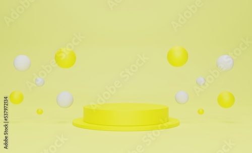 Yellow sphere podium on a yellow background with yellow and white balls floating in the air. For business presentations, exhibitions, fashion, cosmetics, 3D rendering.