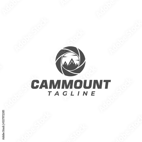 Camera lens and mountain view combination logo design.