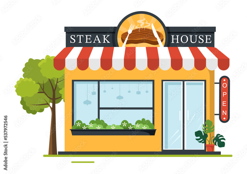 Steakhouse of Grilled Meat with Juicy Delicious Steak, Salad and Tomatoes for Barbecue in Flat Cartoon Hand Drawn Template Illustration