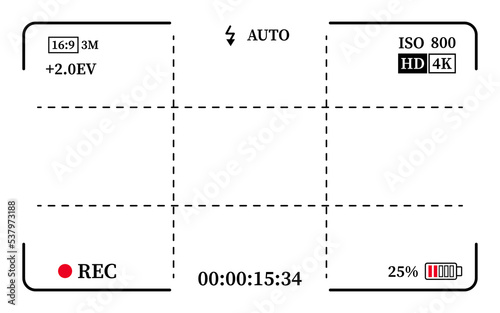 Camera viewfinder frame, video or photo focus screen. Recording or snapshot template, digital display dslr cam, capture interface for photography or videography, flat vector illustration