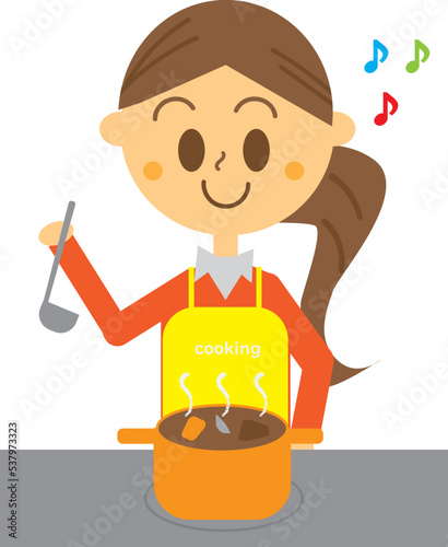 キッチンのIHコンロでカレーを作っている女性のイラスト・主婦・ビーフカレー・煮込み料理